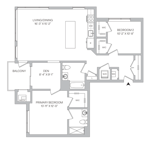 Floorplan of a 1,199 square foot 2 bedroom 2 bath apartment with a den and a balcony